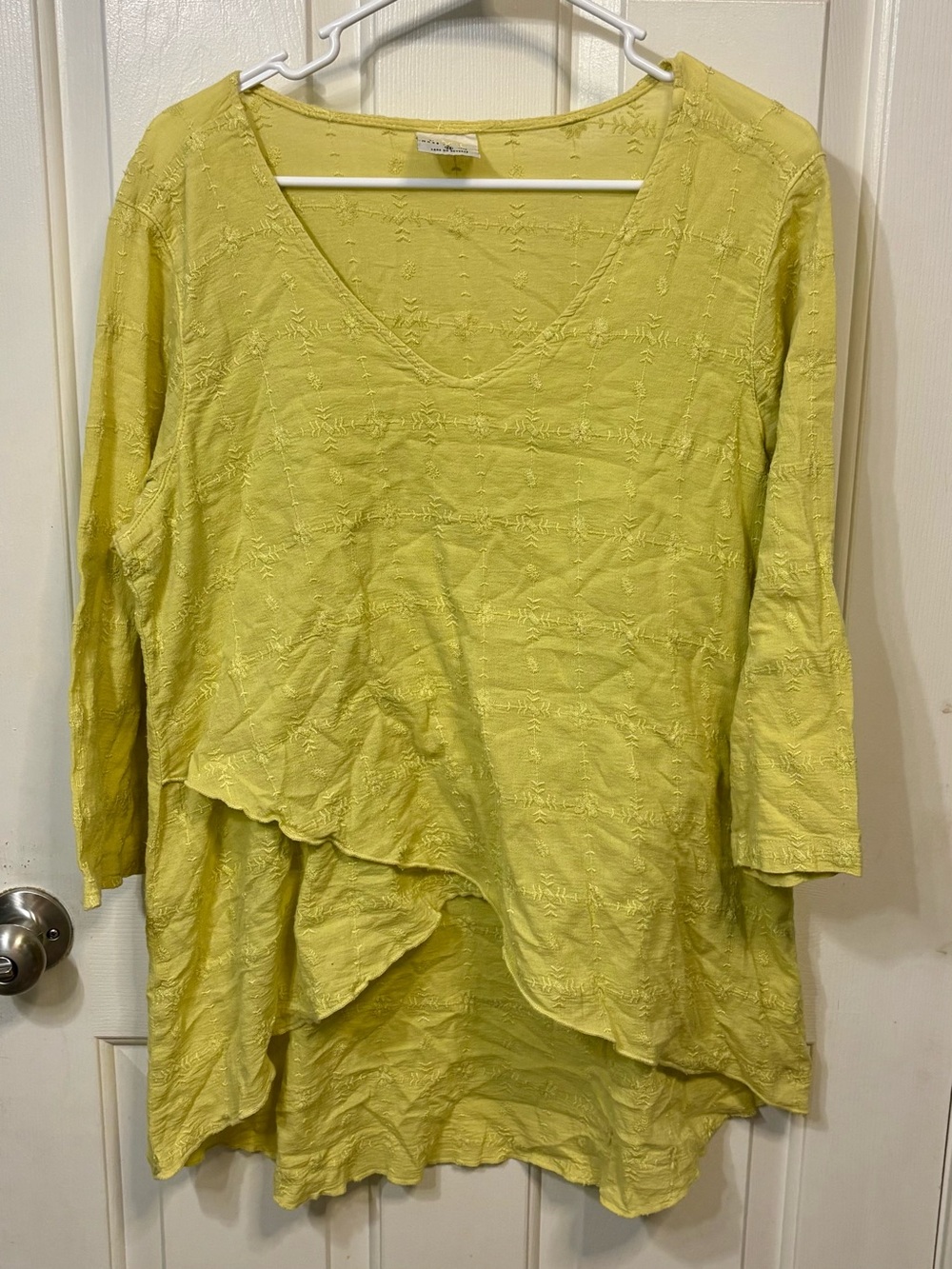Lime Green V-Neck Layered Tunic Top - Relaxed 3/4 Sleeve